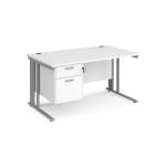 Maestro 25 straight desk 1400mm x 800mm with 2 drawer pedestal - silver cable managed leg frame, white top MCM14P2SWH