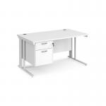 Maestro 25 straight desk 1400mm x 800mm with 2 drawer pedestal - white cable managed leg frame, white top MCM14P2WHWH