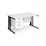 Maestro 25 straight desk 1400mm x 800mm with 3 drawer pedestal - black cable managed leg frame, white top MCM14P3KWH