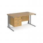 Maestro 25 straight desk 1400mm x 800mm with 3 drawer pedestal - silver cable managed leg frame, oak top MCM14P3SO