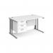 Maestro 25 straight desk 1400mm x 800mm with 3 drawer pedestal - silver cable managed leg frame, white top MCM14P3SWH