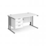 Maestro 25 straight desk 1400mm x 800mm with 3 drawer pedestal - silver cable managed leg frame, white top MCM14P3SWH