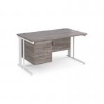 Maestro 25 straight desk 1400mm x 800mm with 3 drawer pedestal - white cable managed leg frame, grey oak top MCM14P3WHGO