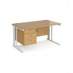 Maestro 25 straight desk 1400mm x 800mm with 3 drawer pedestal - white cable managed leg frame, oak top MCM14P3WHO