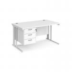Maestro 25 straight desk 1400mm x 800mm with 3 drawer pedestal - white cable managed leg frame, white top MCM14P3WHWH