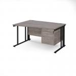 Maestro 25 left hand wave desk 1400mm wide with 2 drawer pedestal - black cable managed leg frame, grey oak top MCM14WLP2KGO