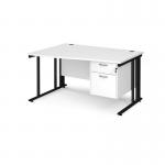 Maestro 25 left hand wave desk 1400mm wide with 2 drawer pedestal - black cable managed leg frame, white top MCM14WLP2KWH