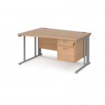 Maestro 25 left hand wave desk 1400mm wide with 2 drawer pedestal - silver cable managed leg frame, beech top MCM14WLP2SB