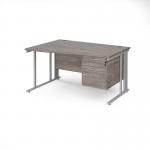 Maestro 25 left hand wave desk 1400mm wide with 2 drawer pedestal - silver cable managed leg frame, grey oak top MCM14WLP2SGO