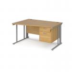 Maestro 25 left hand wave desk 1400mm wide with 2 drawer pedestal - silver cable managed leg frame, oak top MCM14WLP2SO