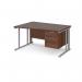 Maestro 25 left hand wave desk 1400mm wide with 2 drawer pedestal - silver cable managed leg frame, walnut top MCM14WLP2SW