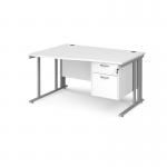 Maestro 25 left hand wave desk 1400mm wide with 2 drawer pedestal - silver cable managed leg frame, white top MCM14WLP2SWH