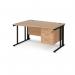 Maestro 25 left hand wave desk 1400mm wide with 3 drawer pedestal - black cable managed leg frame, beech top MCM14WLP3KB