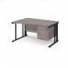 Maestro 25 left hand wave desk 1400mm wide with 3 drawer pedestal - black cable managed leg frame, grey oak top MCM14WLP3KGO