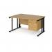 Maestro 25 left hand wave desk 1400mm wide with 3 drawer pedestal - black cable managed leg frame, oak top MCM14WLP3KO