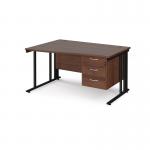 Maestro 25 left hand wave desk 1400mm wide with 3 drawer pedestal - black cable managed leg frame, walnut top MCM14WLP3KW