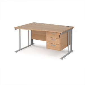 Maestro 25 left hand wave desk 1400mm wide with 3 drawer pedestal -
