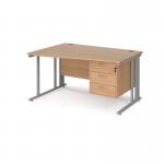 Maestro 25 left hand wave desk 1400mm wide with 3 drawer pedestal - silver cable managed leg frame, beech top MCM14WLP3SB