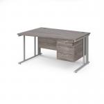 Maestro 25 left hand wave desk 1400mm wide with 3 drawer pedestal - silver cable managed leg frame, grey oak top MCM14WLP3SGO