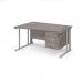 Maestro 25 left hand wave desk 1400mm wide with 3 drawer pedestal - silver cable managed leg frame, grey oak top MCM14WLP3SGO