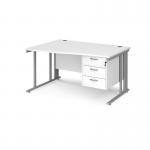 Maestro 25 left hand wave desk 1400mm wide with 3 drawer pedestal - silver cable managed leg frame, white top MCM14WLP3SWH