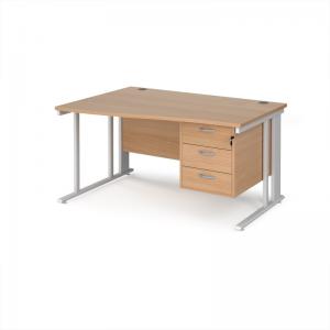 Maestro 25 left hand wave desk 1400mm wide with 3 drawer pedestal -