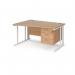 Maestro 25 left hand wave desk 1400mm wide with 3 drawer pedestal - white cable managed leg frame, beech top MCM14WLP3WHB