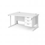 Maestro 25 left hand wave desk 1400mm wide with 3 drawer pedestal - white cable managed leg frame, white top MCM14WLP3WHWH