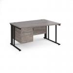 Maestro 25 right hand wave desk 1400mm wide with 2 drawer pedestal - black cable managed leg frame, grey oak top MCM14WRP2KGO