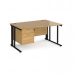 Maestro 25 right hand wave desk 1400mm wide with 2 drawer pedestal - black cable managed leg frame, oak top MCM14WRP2KO