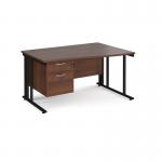 Maestro 25 right hand wave desk 1400mm wide with 2 drawer pedestal - black cable managed leg frame, walnut top MCM14WRP2KW