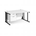 Maestro 25 right hand wave desk 1400mm wide with 2 drawer pedestal - black cable managed leg frame, white top MCM14WRP2KWH