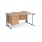 Maestro 25 right hand wave desk 1400mm wide with 2 drawer pedestal - silver cable managed leg frame, beech top MCM14WRP2SB
