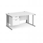 Maestro 25 right hand wave desk 1400mm wide with 2 drawer pedestal - silver cable managed leg frame, white top MCM14WRP2SWH