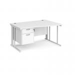 Maestro 25 right hand wave desk 1400mm wide with 2 drawer pedestal - white cable managed leg frame, white top MCM14WRP2WHWH