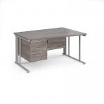 Maestro 25 right hand wave desk 1400mm wide with 3 drawer pedestal - silver cable managed leg frame, grey oak top MCM14WRP3SGO