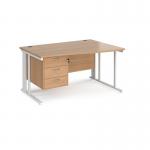 Maestro 25 right hand wave desk 1400mm wide with 3 drawer pedestal - white cable managed leg frame, beech top MCM14WRP3WHB