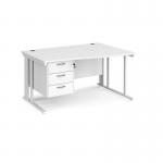 Maestro 25 right hand wave desk 1400mm wide with 3 drawer pedestal - white cable managed leg frame, white top MCM14WRP3WHWH