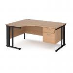 Maestro 25 left hand ergonomic desk 1600mm wide with 2 drawer pedestal - black cable managed leg frame and beech top