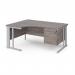 Maestro 25 left hand ergonomic desk 1600mm wide with 2 drawer pedestal - silver cable managed leg frame, grey oak top MCM16ELP2SGO