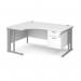 Maestro 25 left hand ergonomic desk 1600mm wide with 2 drawer pedestal - silver cable managed leg frame, white top MCM16ELP2SWH