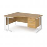 Maestro 25 left hand ergonomic desk 1600mm wide with 2 drawer pedestal - white cable managed leg frame and oak top
