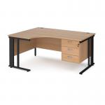 Maestro 25 left hand ergonomic desk 1600mm wide with 3 drawer pedestal - black cable managed leg frame and beech top