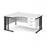 Maestro 25 left hand ergonomic desk 1600mm wide with 3 drawer pedestal - black cable managed leg frame and white top