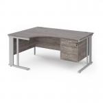 Maestro 25 left hand ergonomic desk 1600mm wide with 3 drawer pedestal - silver cable managed leg frame and grey oak top