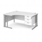 Maestro 25 left hand ergonomic desk 1600mm wide with 3 drawer pedestal - silver cable managed leg frame and white top