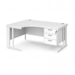 Maestro 25 left hand ergonomic desk 1600mm wide with 3 drawer pedestal - white cable managed leg frame and white top