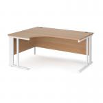 Maestro 25 left hand ergonomic desk 1600mm wide - white cable managed leg frame and beech top
