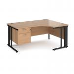 Maestro 25 right hand ergonomic desk 1600mm wide with 2 drawer pedestal - black cable managed leg frame, beech top MCM16ERP2KB