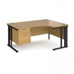 Maestro 25 right hand ergonomic desk 1600mm wide with 2 drawer pedestal - black cable managed leg frame, oak top MCM16ERP2KO